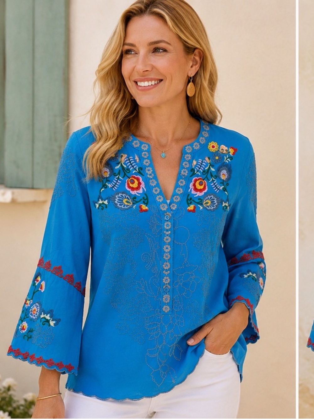 NWT St. Lareina Embroidered Floral Bell Sleeve Tunic Top Blue Boho Cottagecore S